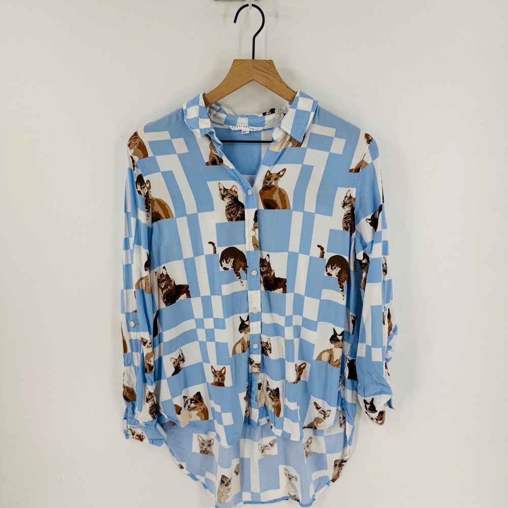 Jane + Delancy Blue Patchwork Cat Print Top Size … - image 7